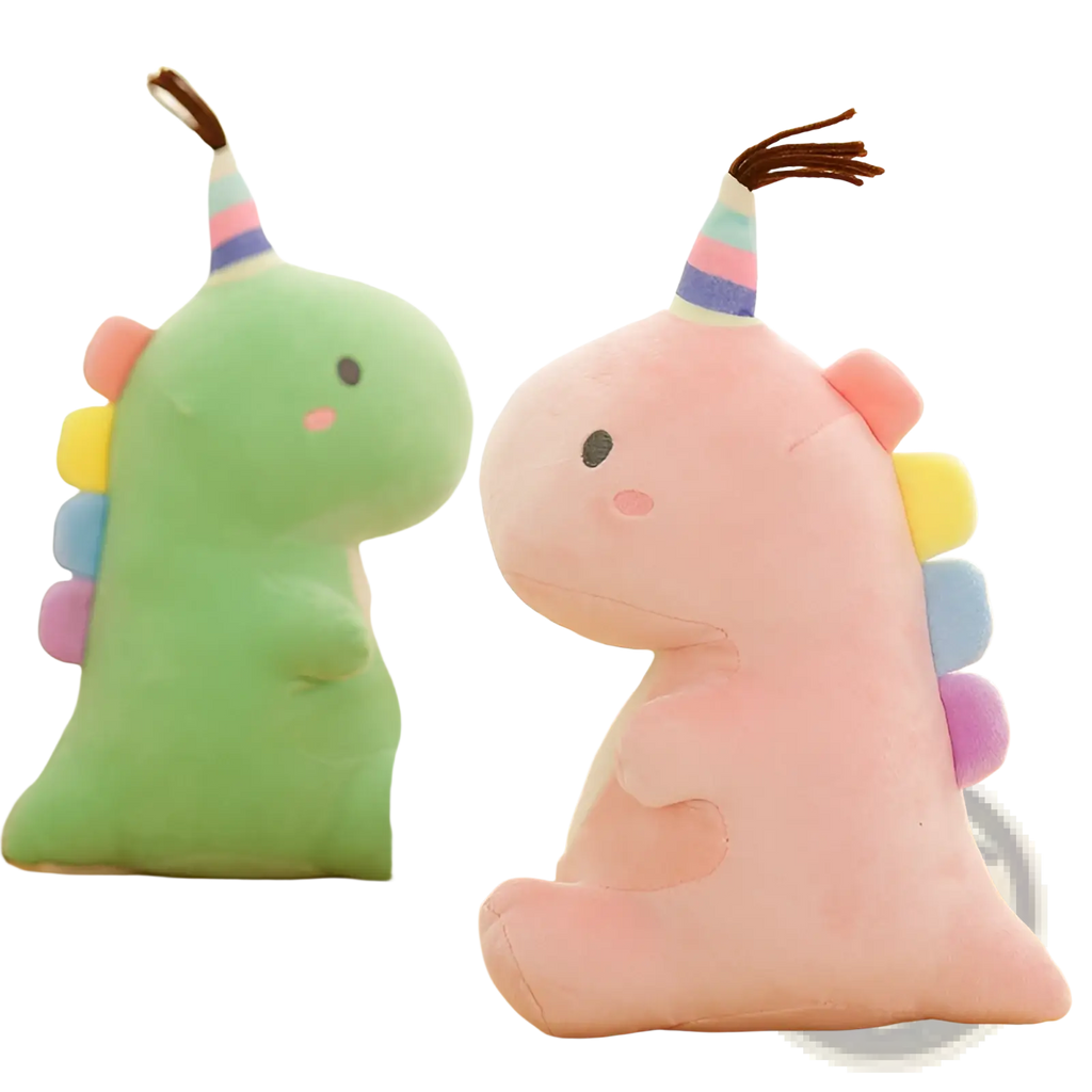 Pink plush dinosaur toy with rainbow-colored spikes and striped party hat soft stuffed animal for kids