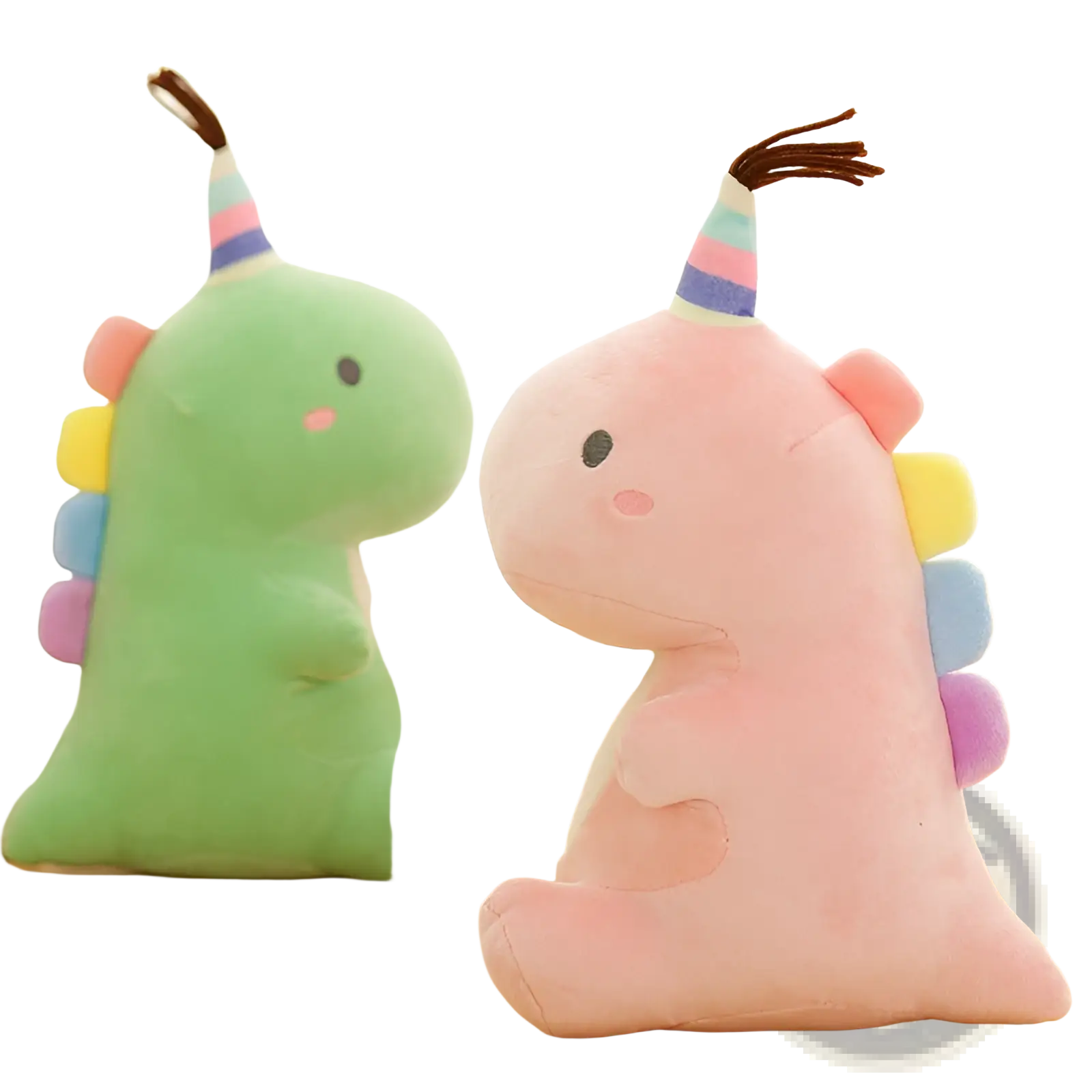 Pink plush dinosaur toy with rainbow-colored spikes and striped party hat soft stuffed animal for kids