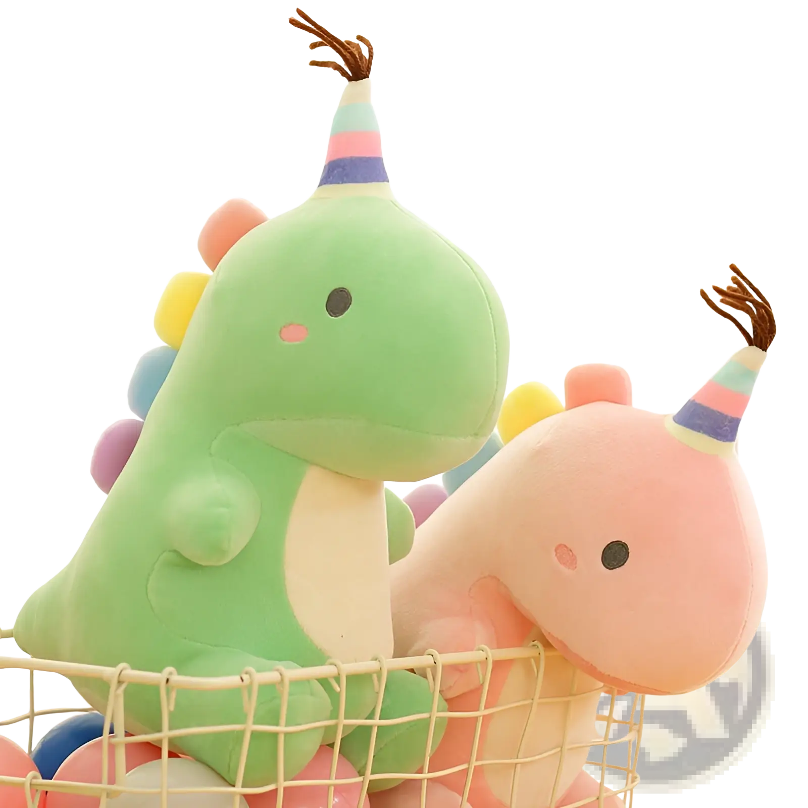 Cute green and pink dinosaur plush toys wearing rainbow party hats soft stuffed animal for celebrations