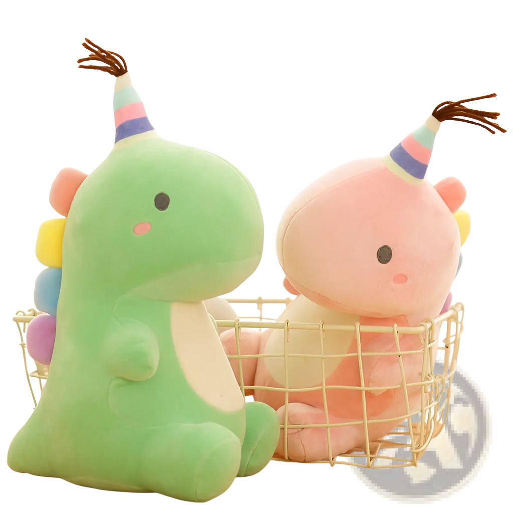 Cute green and pink soft dinosaur plush toys wearing rainbow party hats perfect as stuffed animal gifts