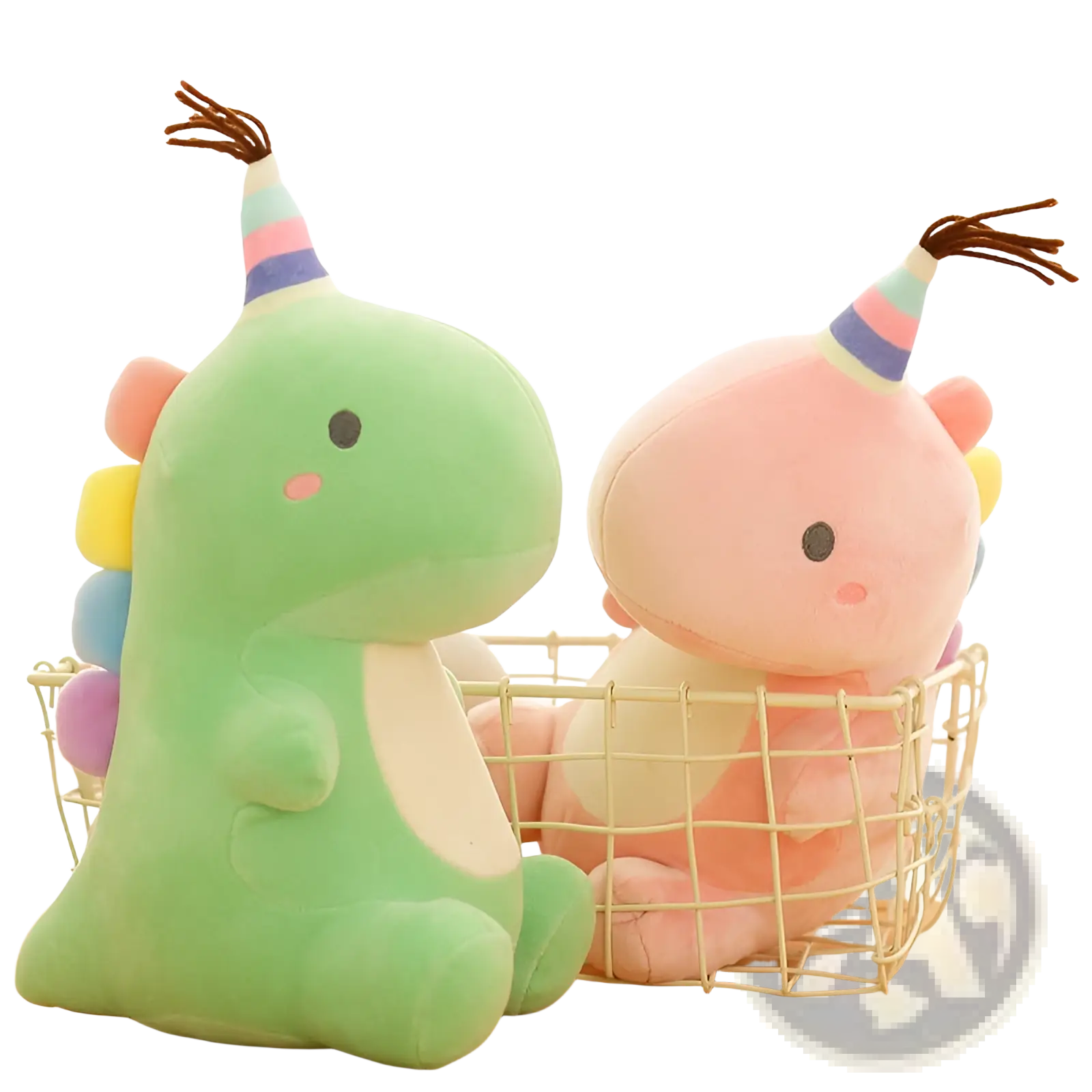 Cute green and pink soft dinosaur plush toys wearing rainbow party hats perfect as stuffed animal gifts