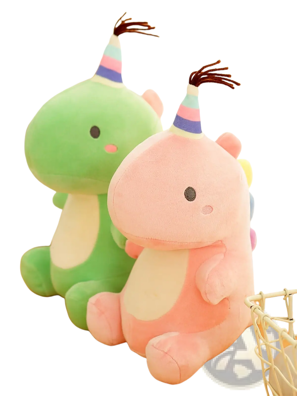 Pink and green plush dinosaur toys wearing colorful party hats soft stuffed animals for celebration or decoration