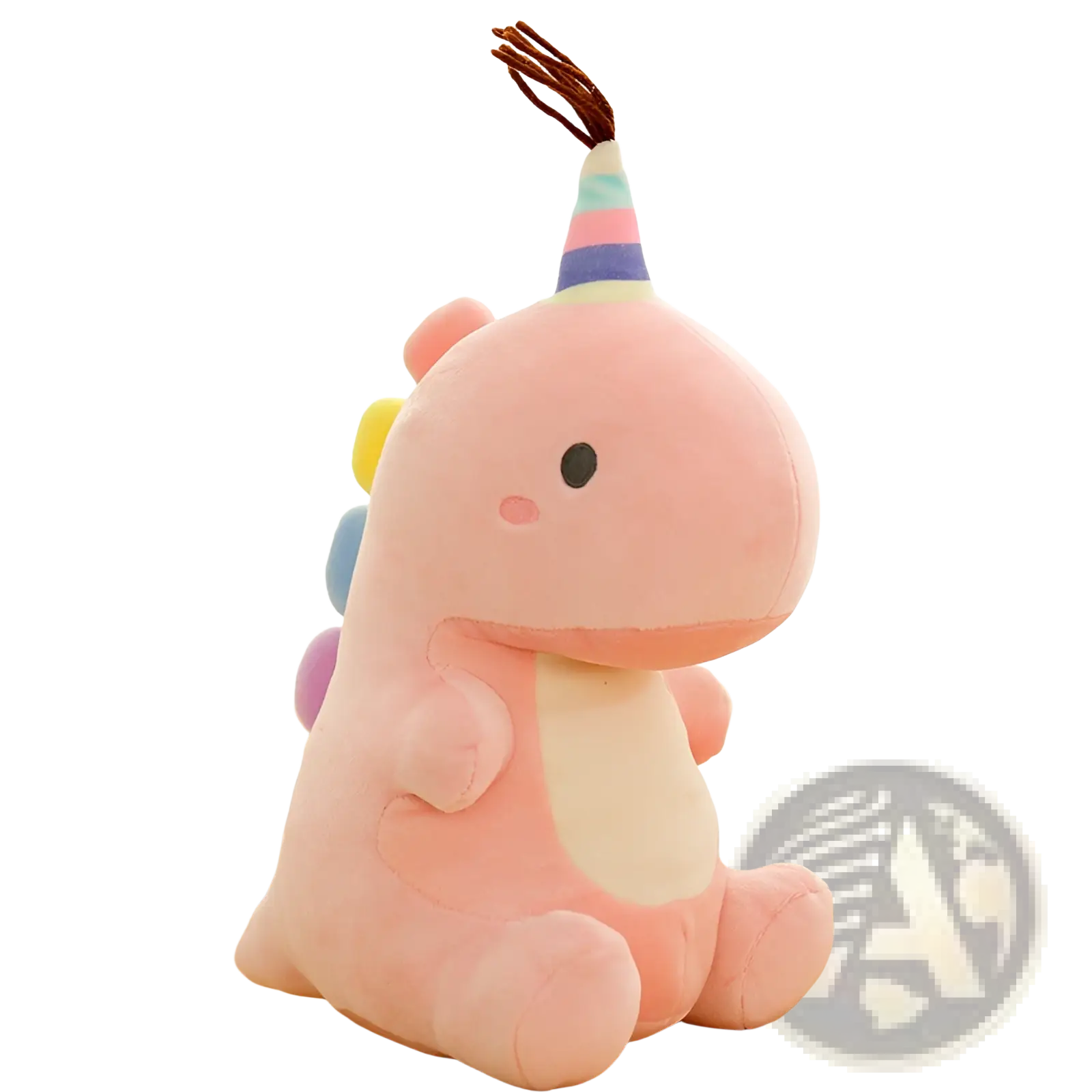 Pink plush dinosaur soft stuffed animal wearing a rainbow-striped party hat with brown tassels for festive fun