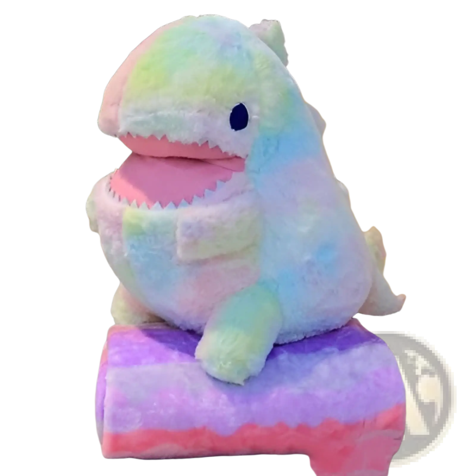 A 60cm dinosaur plush toy with rainbow tie dye gradient colors and a soft fuzzy texture with pink inner mouth