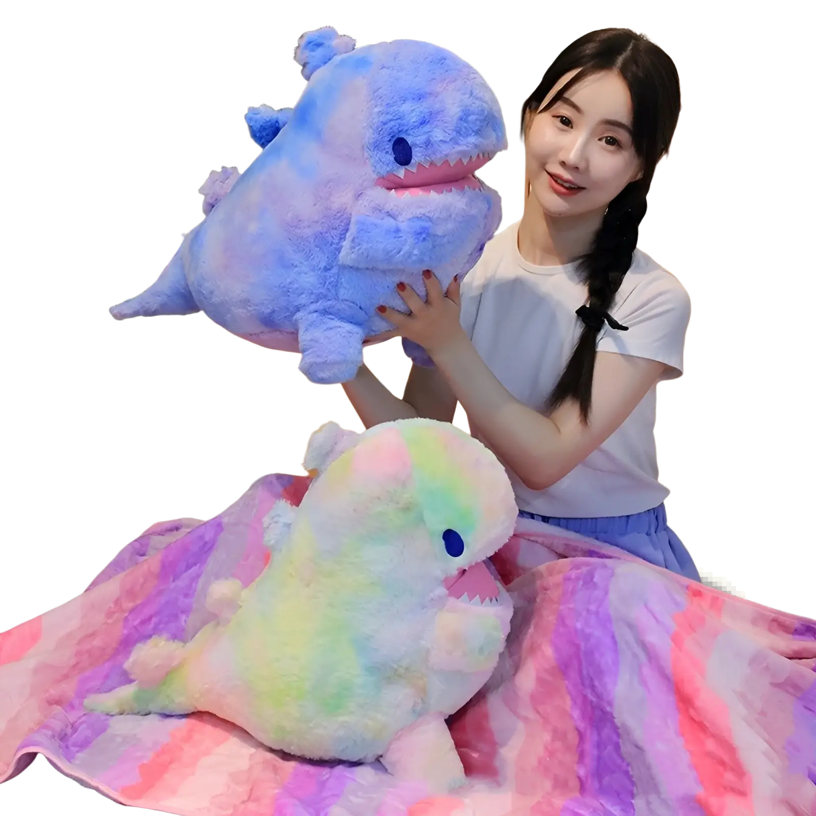 A plush dinosaur toy with soft blue and purple tie dye fur in a 60cm gradient design