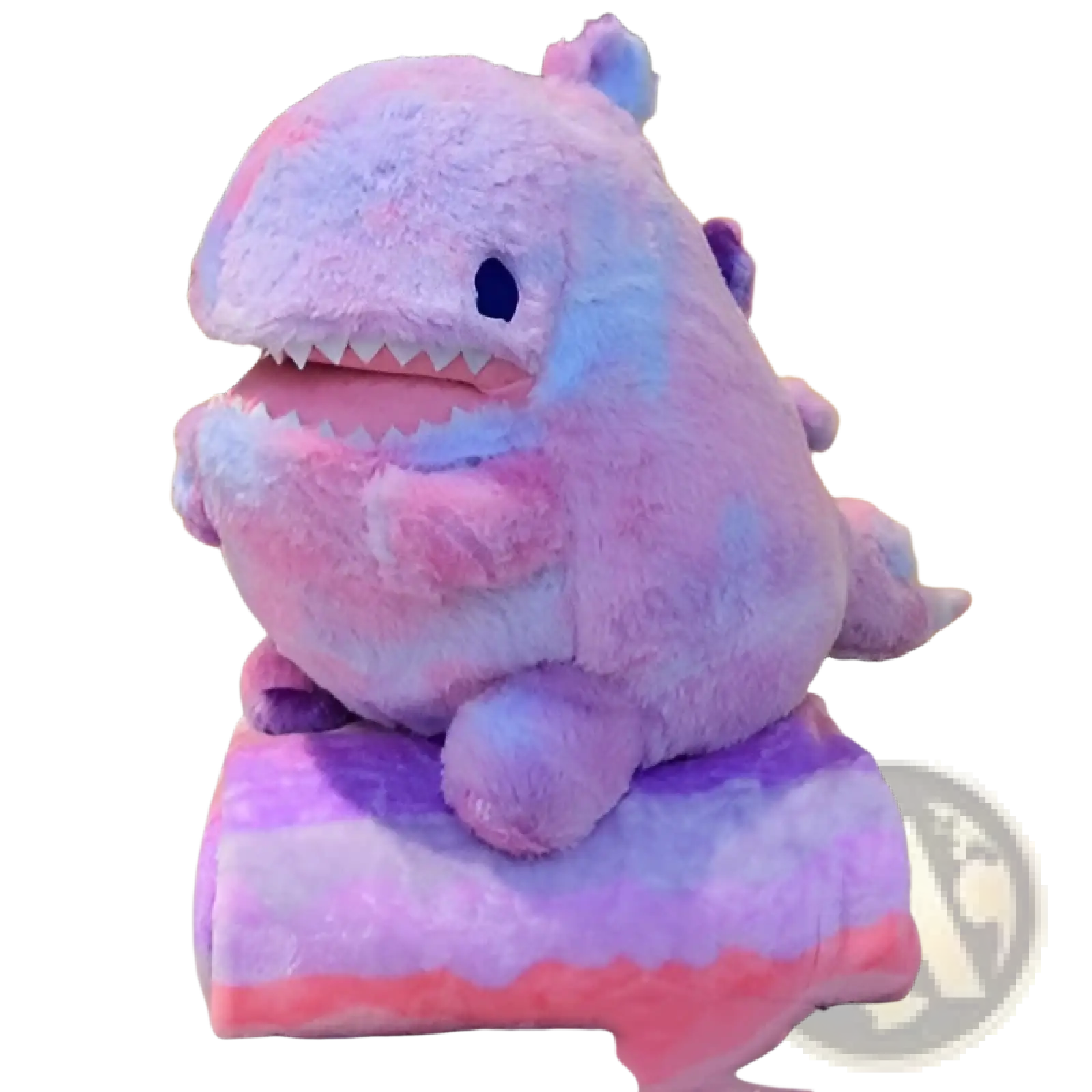 A plush round dinosaur toy with a soft purple and pink tie dye pattern measuring 60cm for cuddling and play