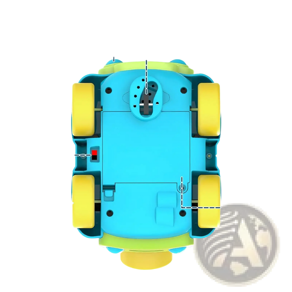Bright blue and yellow dinosaur remote control toy car with 500mAh battery, directional wheel, lights, usb input, and on/off switch