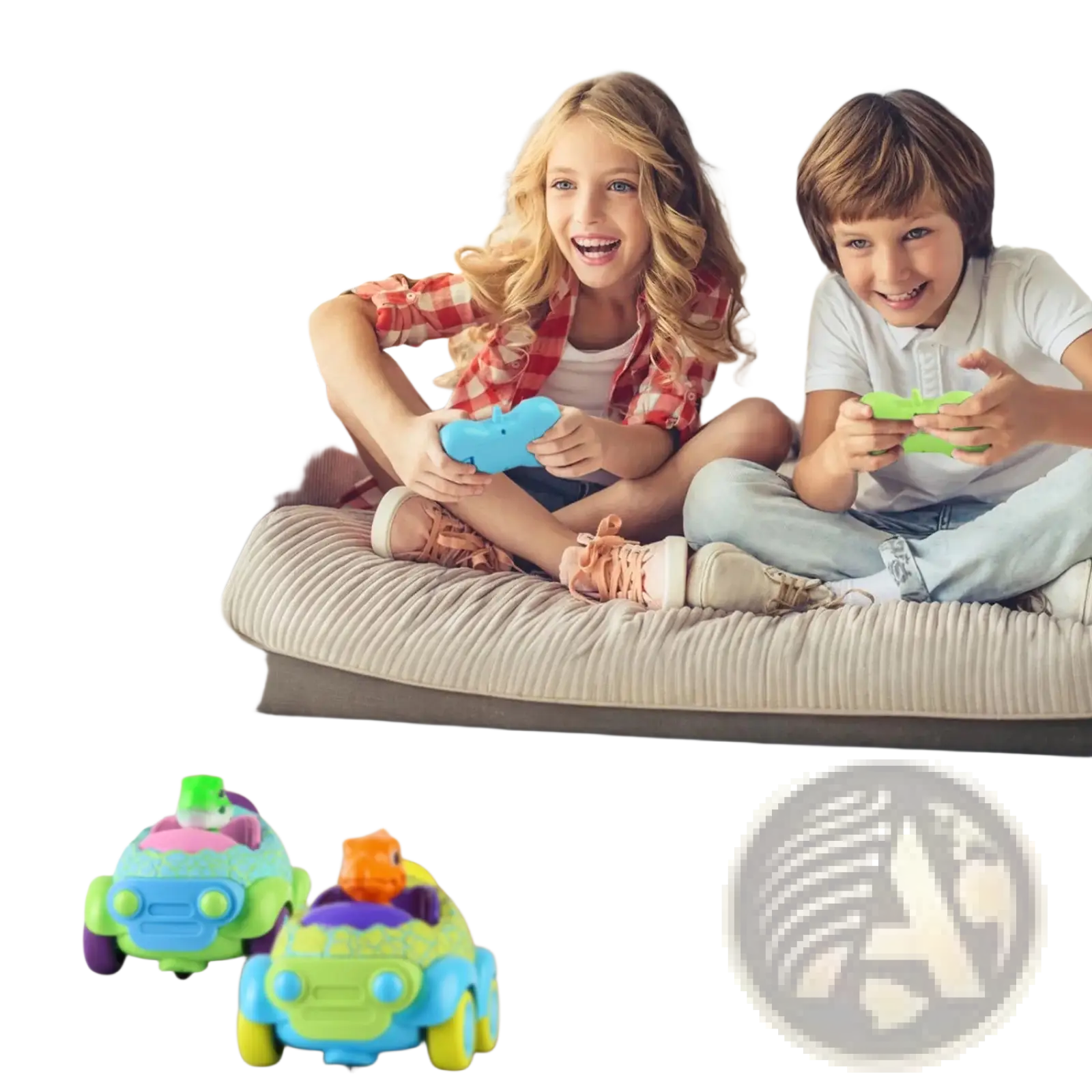 Two colorful plastic dinosaur remote control cars in green purple and blue lime green for toddlers