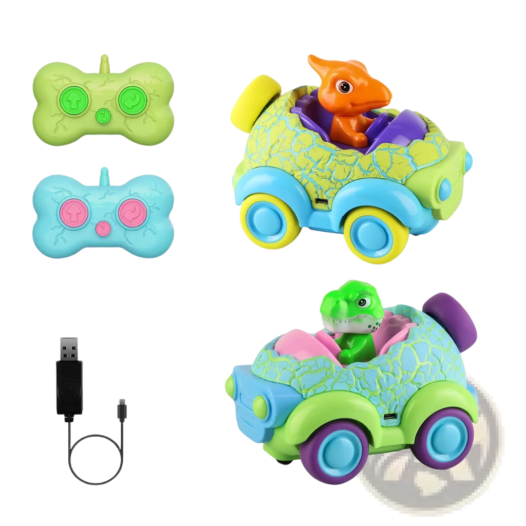 Dinosaur remote control car for toddlers with a textured green shell, blue chassis, and yellow wheels