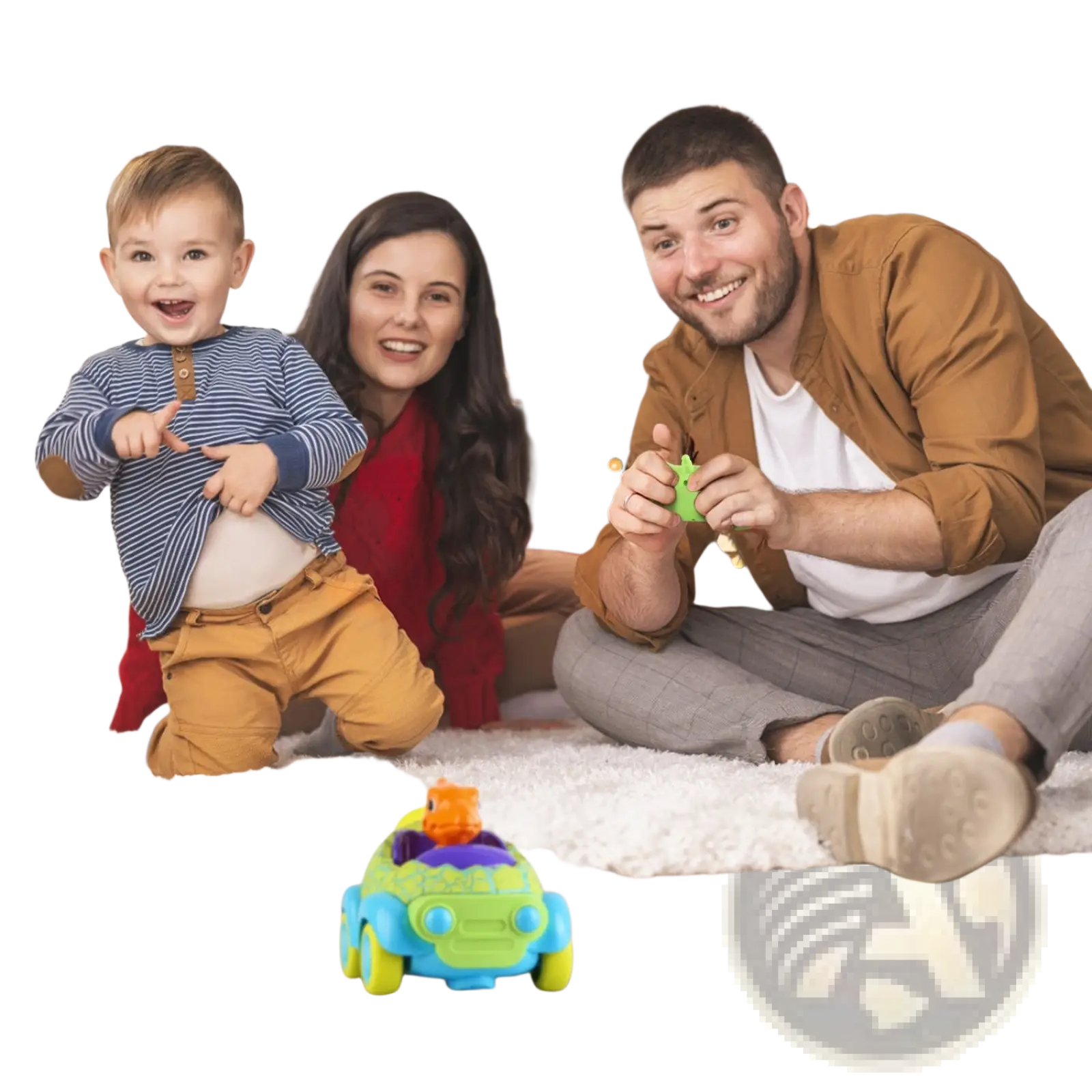 Brightly colored plastic toy car with purple roof and orange driver figure from dinosaur remote control cars 2 pack for toddlers