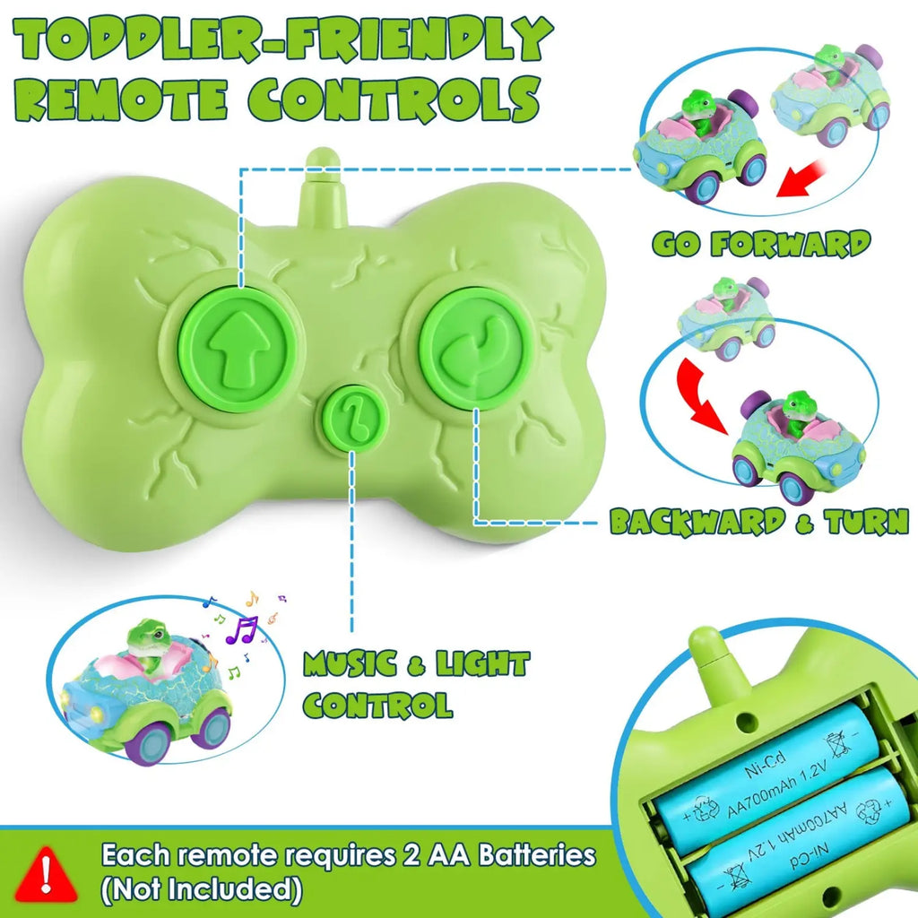 Green bone-shaped remote control with textured surface and circular directional buttons for dinosaur remote control cars toddlers
