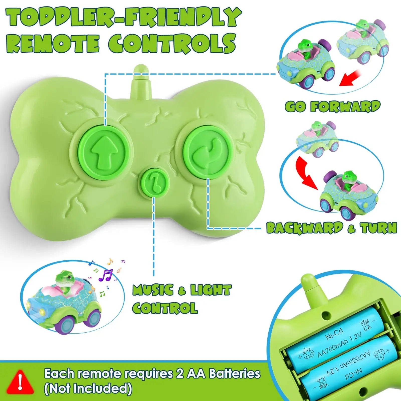 Green bone-shaped remote control with textured surface and circular directional buttons for dinosaur remote control cars toddlers