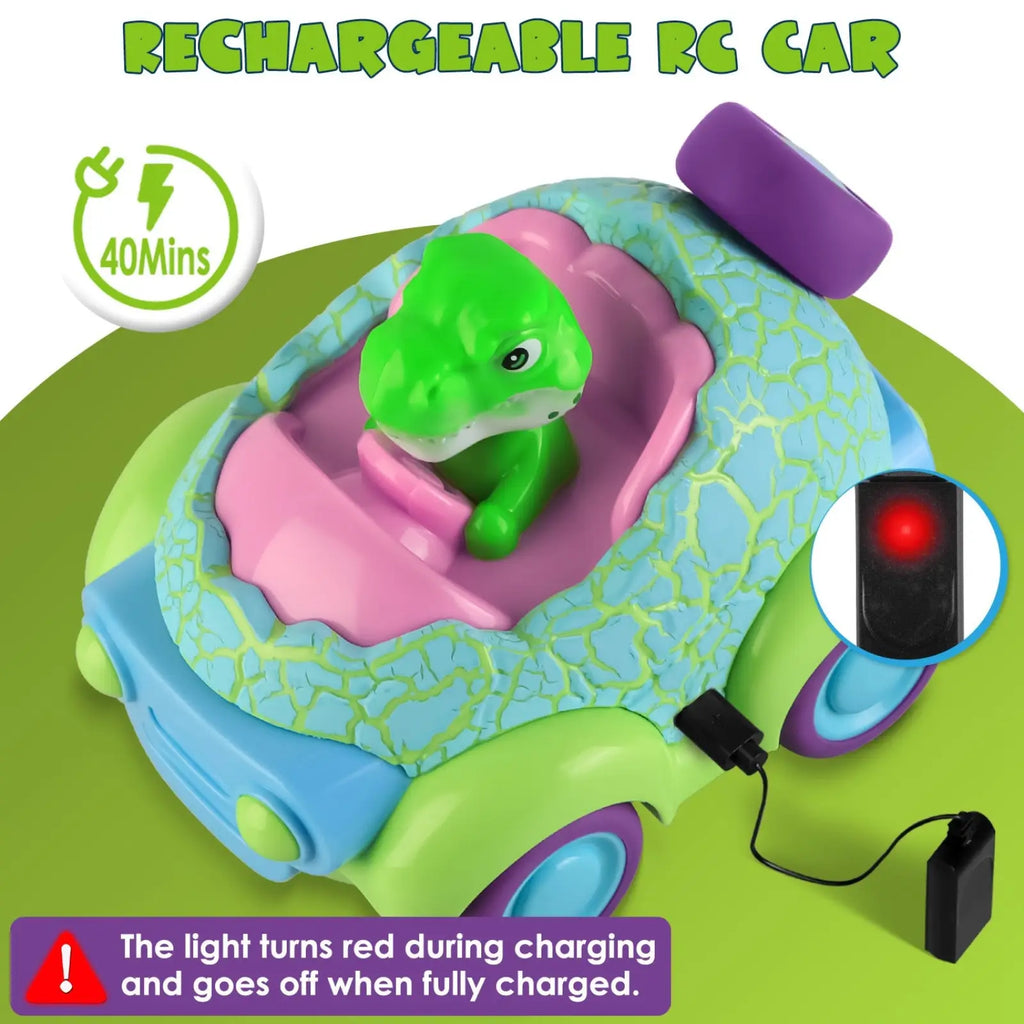 A colorful rechargeable remote control car with a green dinosaur driver and light blue and pink plastic bodywork for toddlers