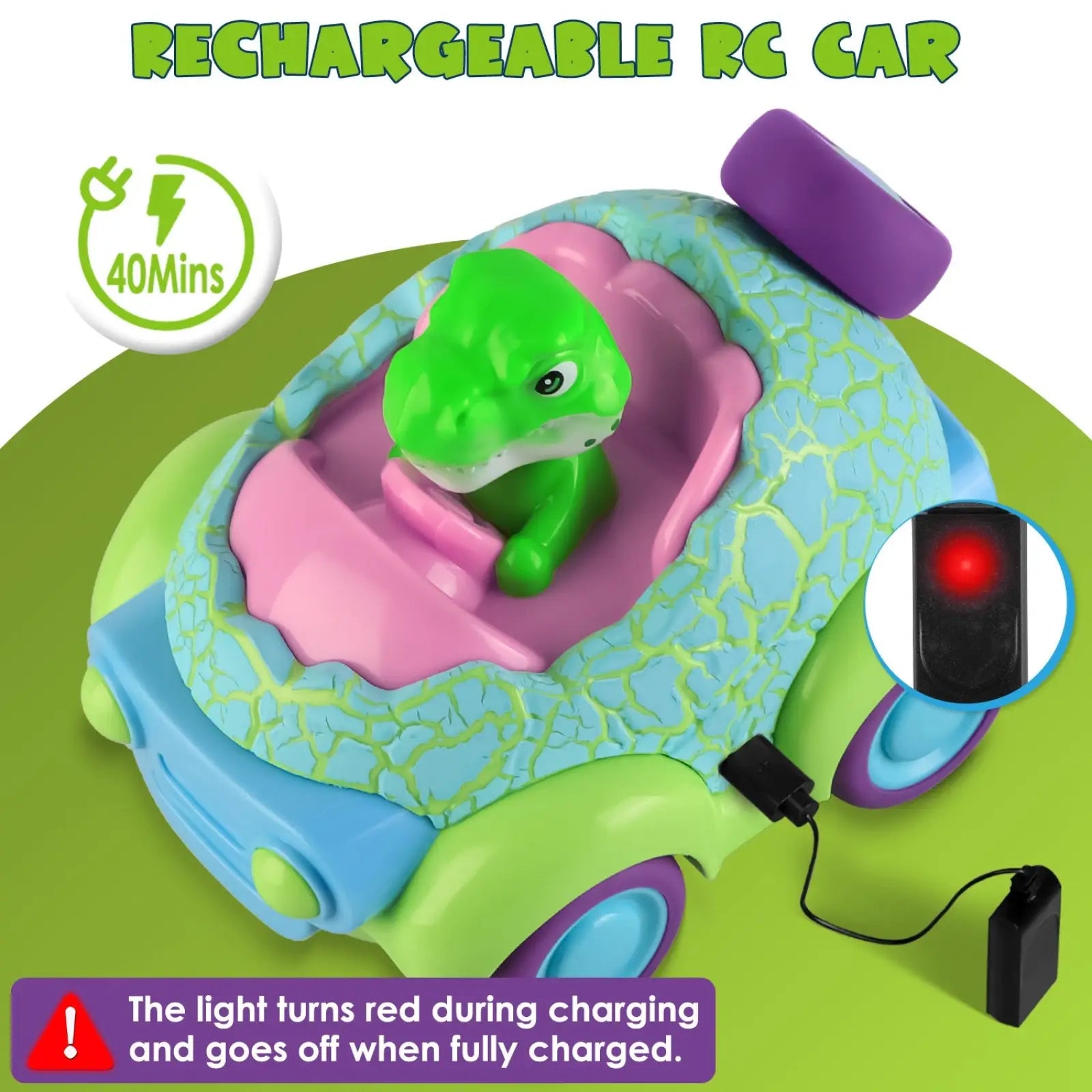 A colorful rechargeable remote control car with a green dinosaur driver and light blue and pink plastic bodywork for toddlers