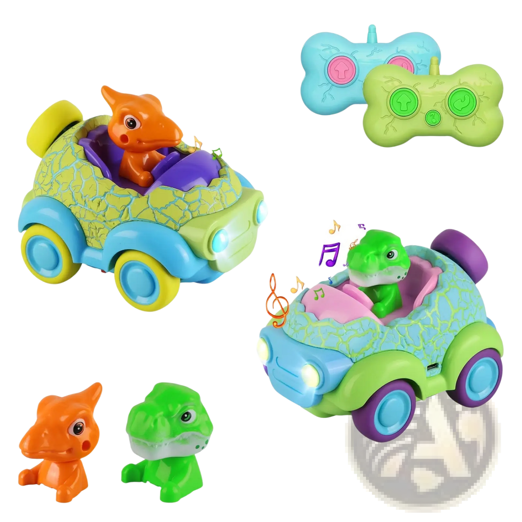 Colorful plastic dinosaur remote control cars 2 pack with textured scales glowing headlights and different colored dino drivers