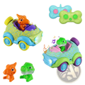 Colorful plastic dinosaur remote control cars 2 pack with textured scales glowing headlights and different colored dino drivers