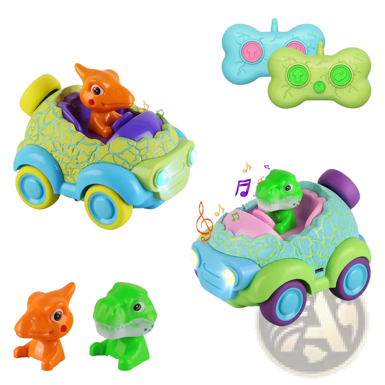 Colorful plastic dinosaur remote control cars 2 pack with textured scales glowing headlights and different colored dino drivers
