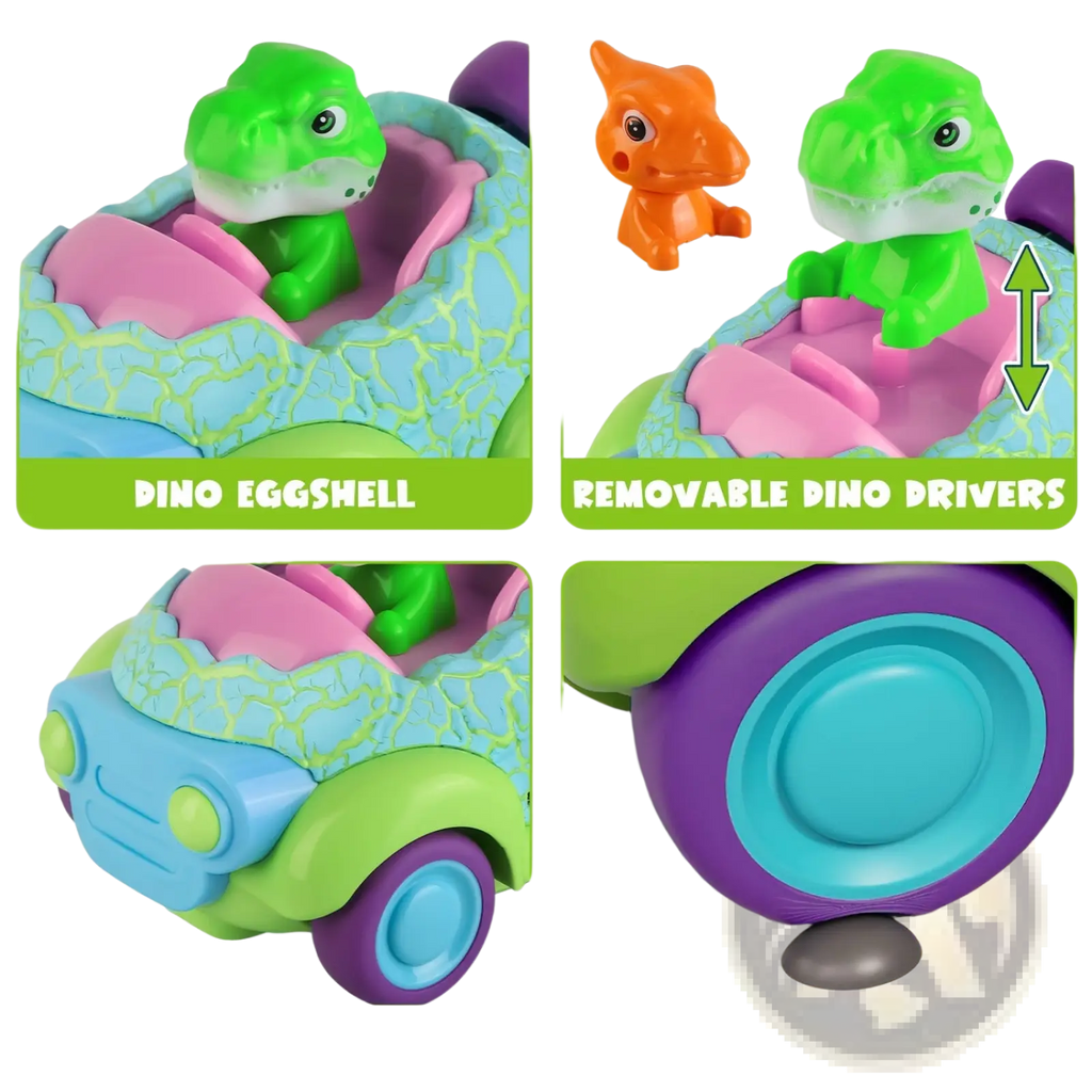 Colorful plastic dinosaur remote control car with green driver, cracked blue pink eggshell roof, purple wheels, and removable orange dinos