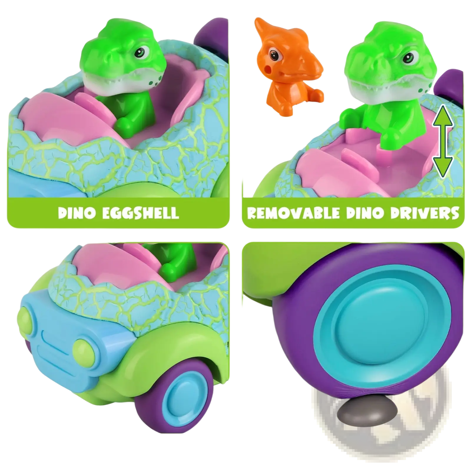 Colorful plastic dinosaur remote control car with green driver, cracked blue pink eggshell roof, purple wheels, and removable orange dinos