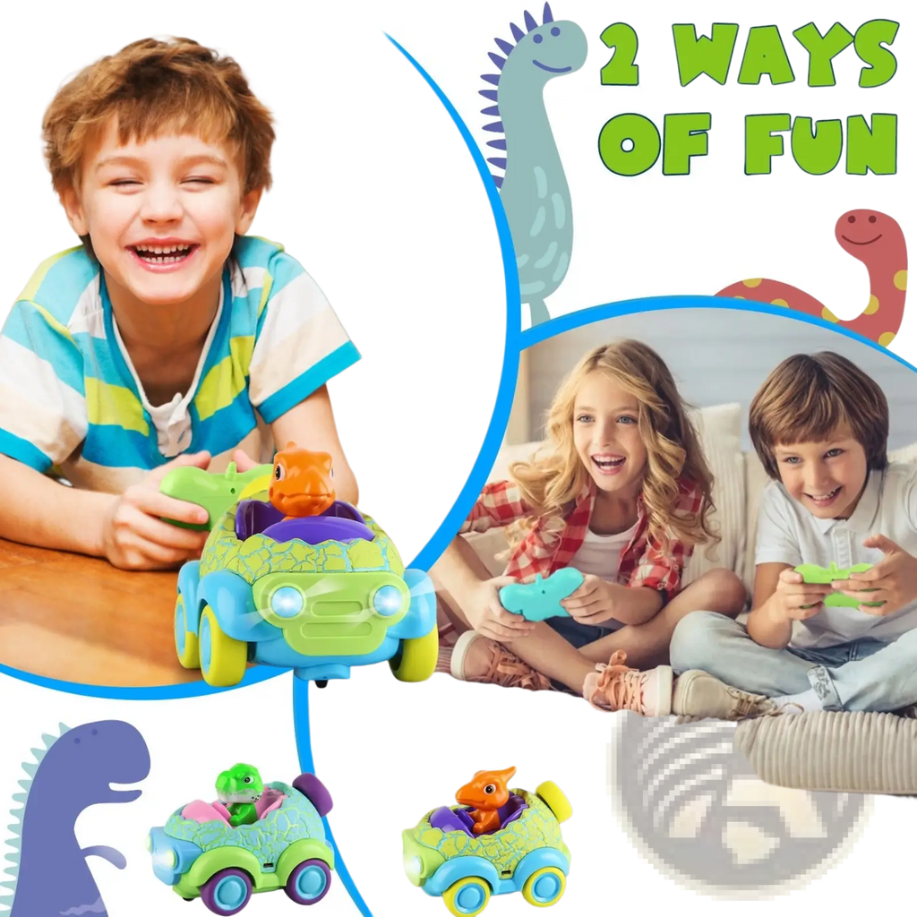 Bright green and blue dinosaur remote control car with purple accents glowing headlights and textured shell design for toddlers