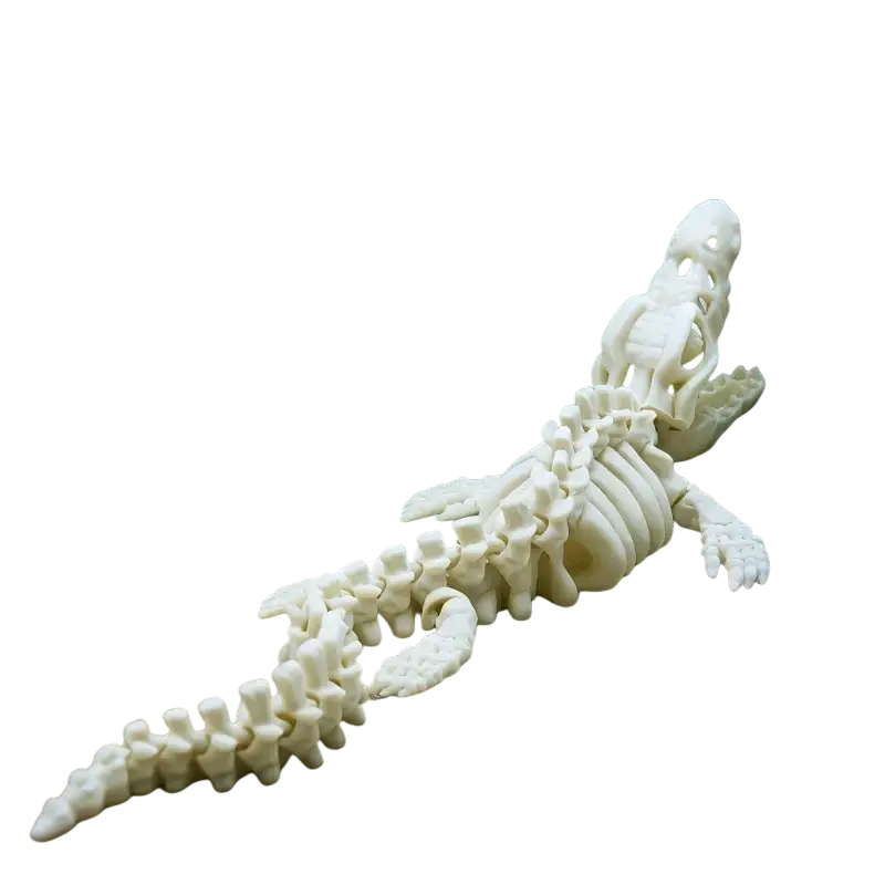 A white resin dinosaur skeleton figurine aquarium decoration resting on gravel for aquatic landscape simulation