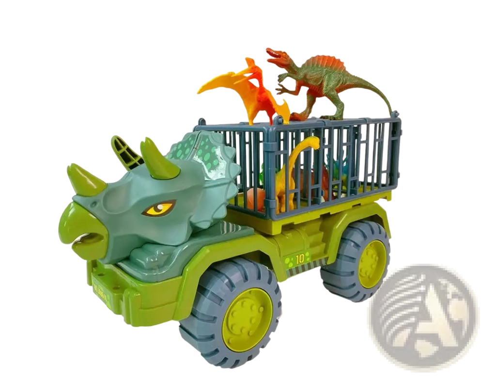 Green and gray plastic dinosaur transport truck toy with storage cage carrying multiple colorful toy dinosaurs