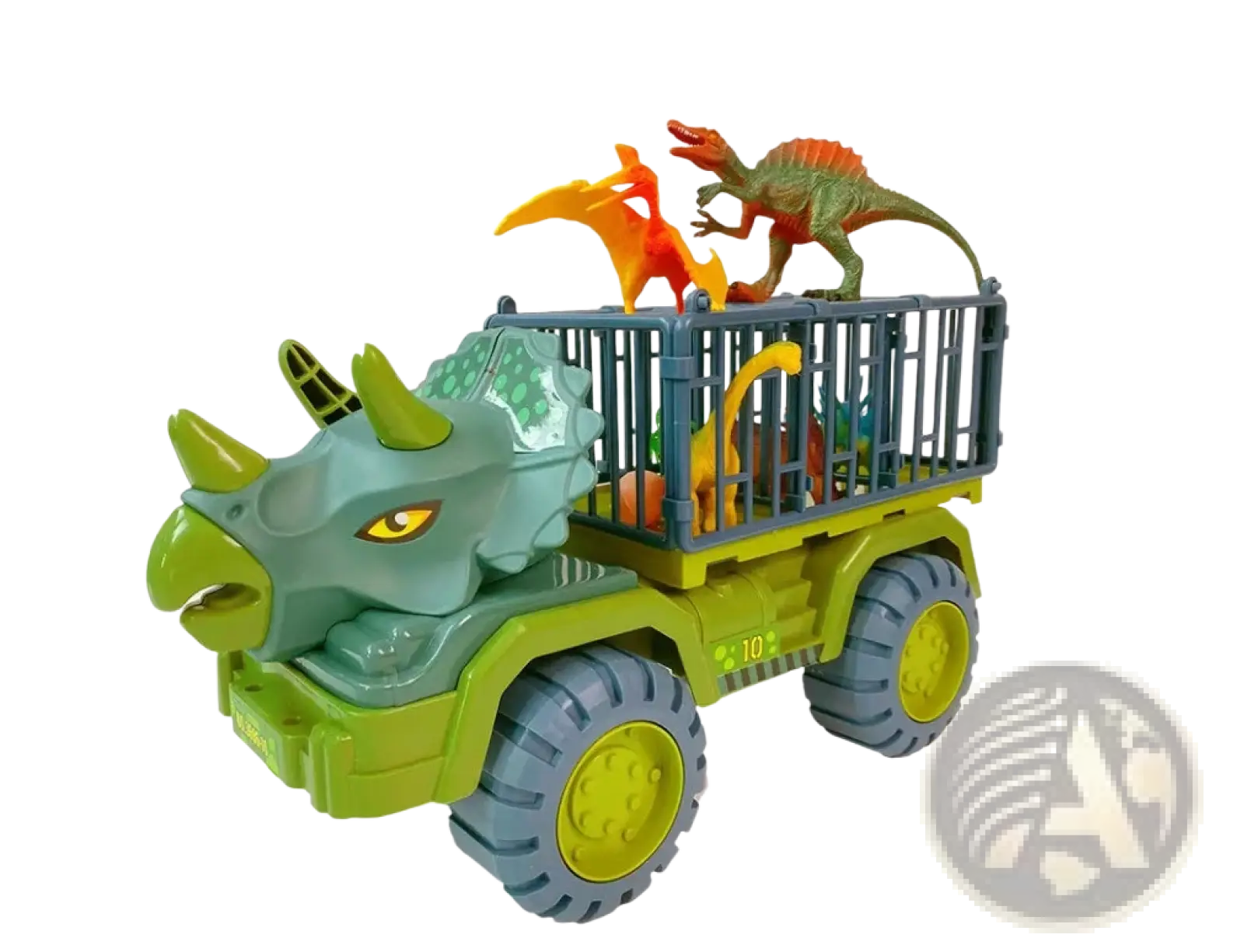 Green and gray plastic dinosaur transport truck toy with storage cage carrying multiple colorful toy dinosaurs