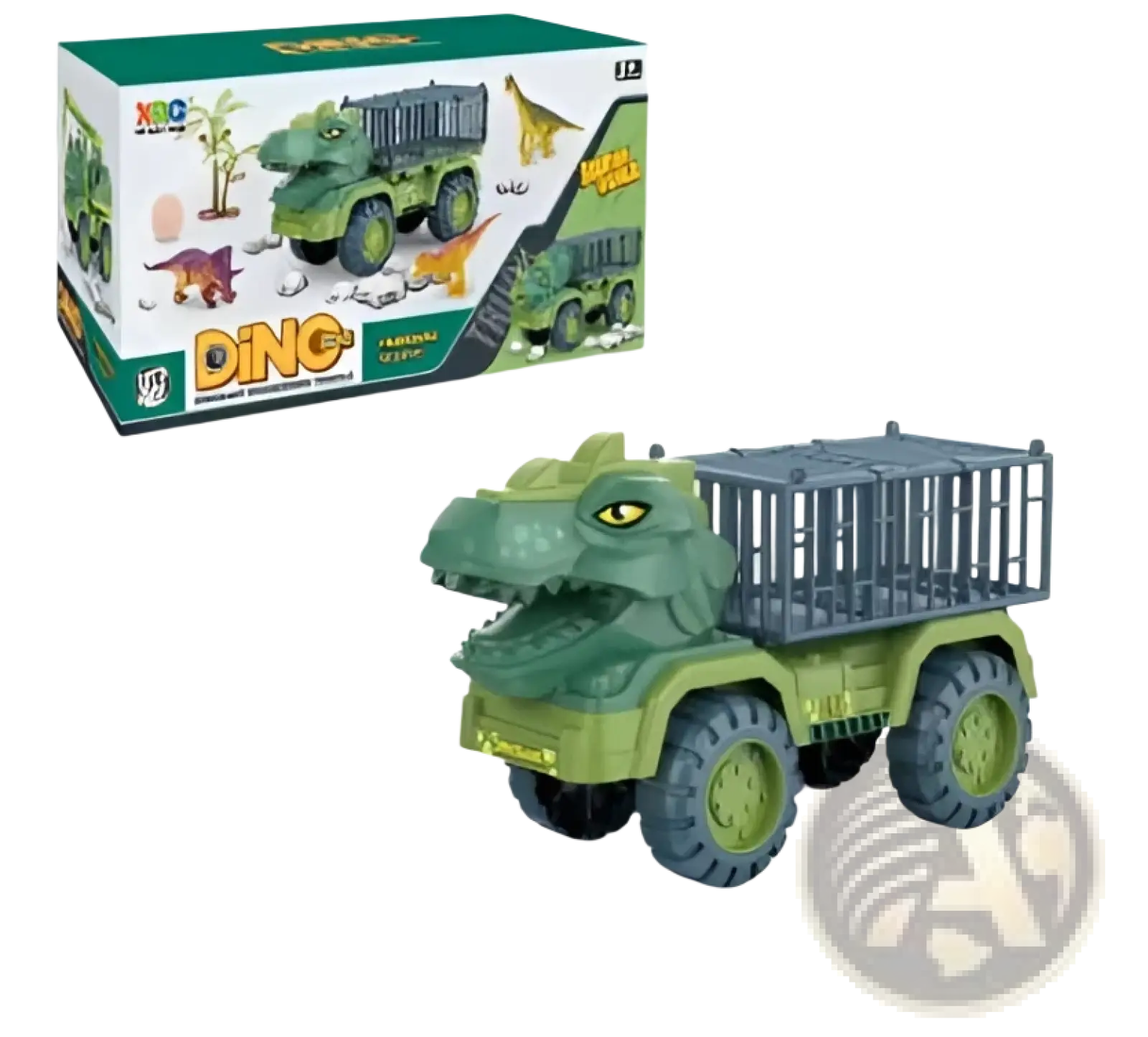 Green plastic dinosaur transport truck toy with cage-style storage bed and oversized wheels for carrying toys