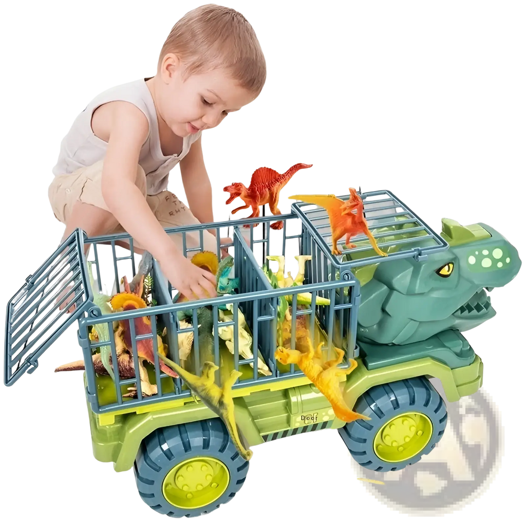 Green and blue plastic dinosaur transport truck toy with a cage design for storage and imaginative play