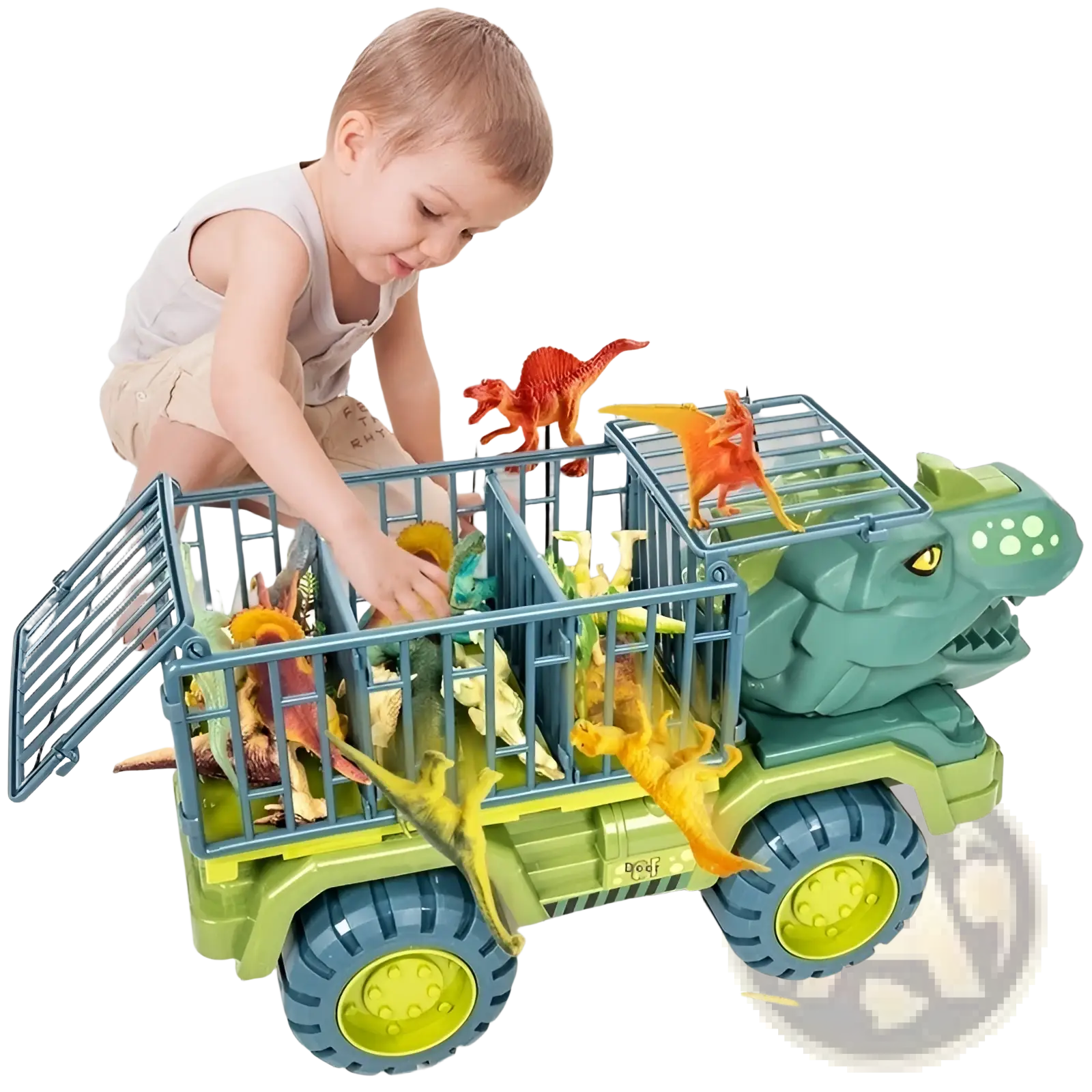 Green and blue plastic dinosaur transport truck toy with a cage design for storage and imaginative play