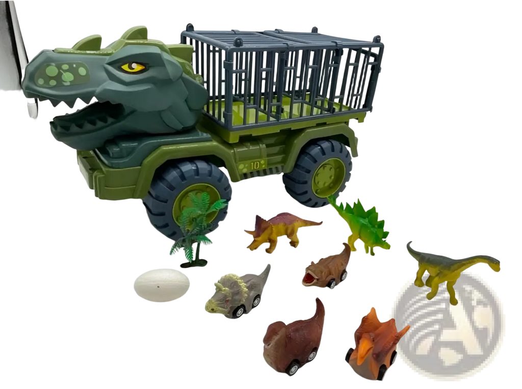 Green plastic dinosaur transport truck toy with storage cage and multiple small dinosaur figures around it