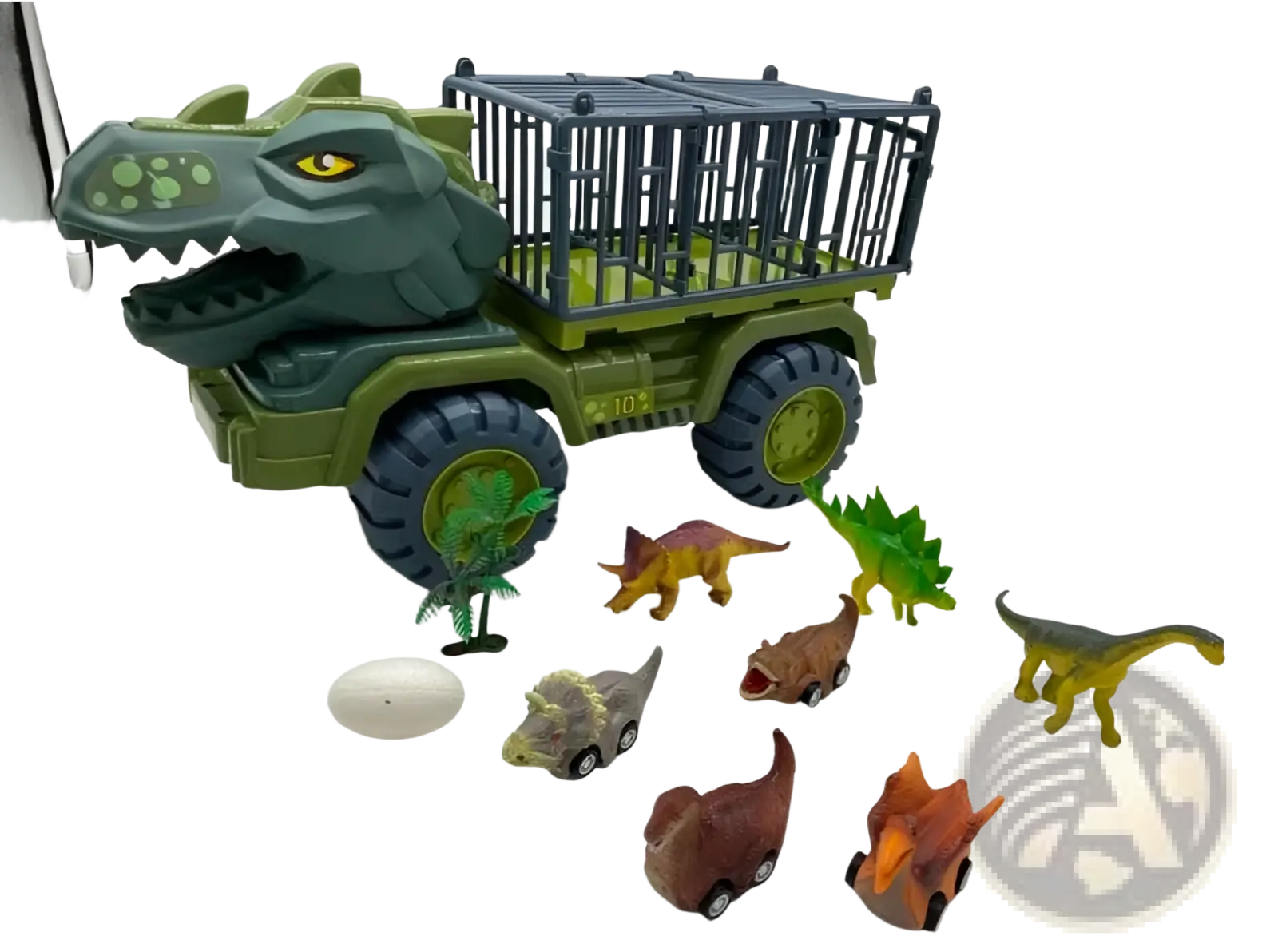 Green plastic dinosaur transport truck toy with storage cage and multiple small dinosaur figures around it