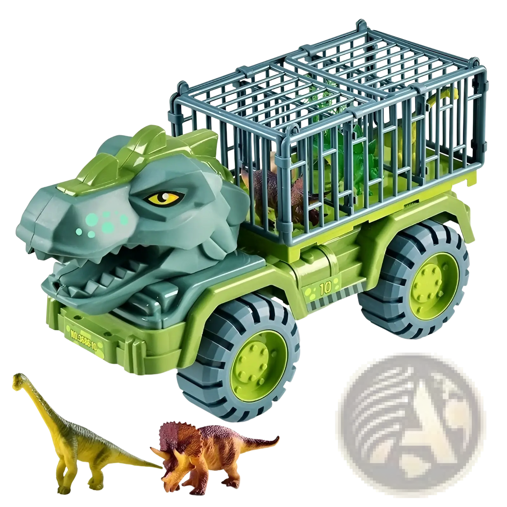 Green plastic tyrannosaurus rex-themed toy truck with cage trailer carrying dinosaur figures for storage and transport
