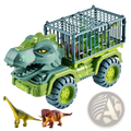 Green plastic tyrannosaurus rex-themed toy truck with cage trailer carrying dinosaur figures for storage and transport