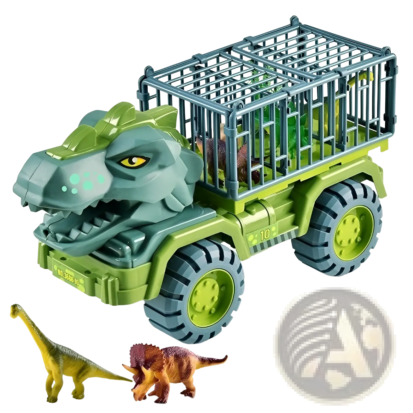 Green plastic tyrannosaurus rex-themed toy truck with cage trailer carrying dinosaur figures for storage and transport