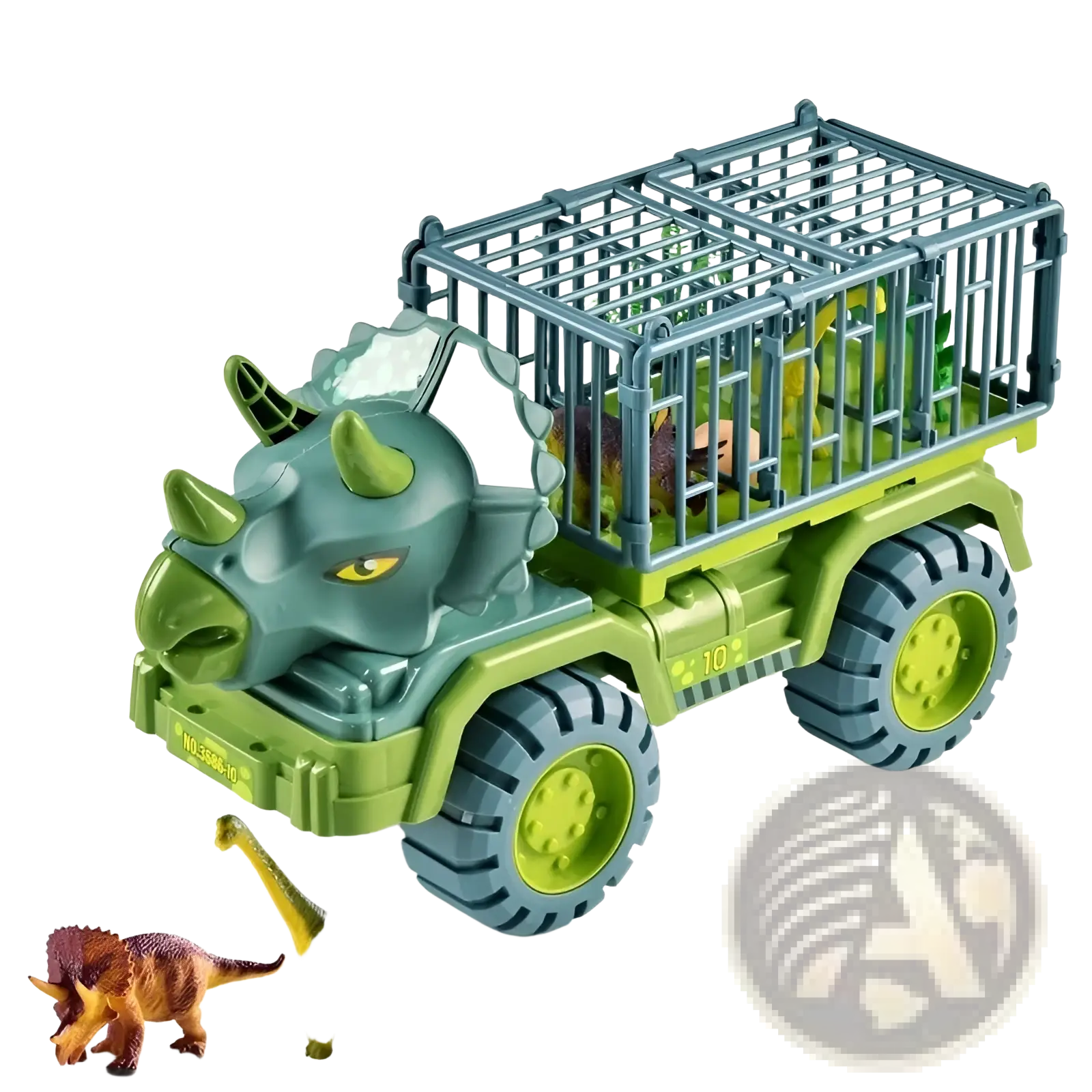 Green plastic dinosaur transport truck toy with triceratops head and cage trailer for storage and play