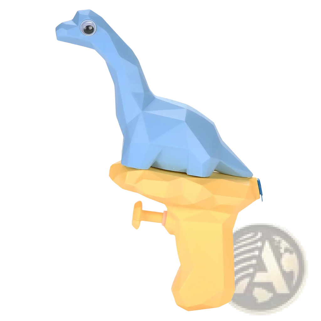 Light blue low poly dinosaur perched atop yellow dinosaur water gun mini outdoor toy for kids