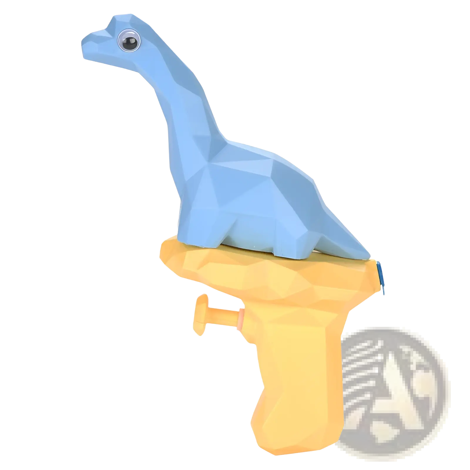 Light blue low poly dinosaur perched atop yellow dinosaur water gun mini outdoor toy for kids