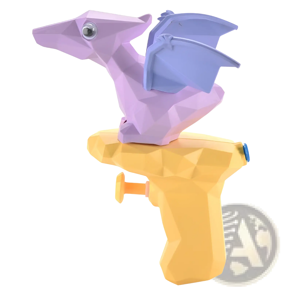 Pastel purple and blue geometric low poly dragon perched on a yellow dinosaur water gun mini outdoor toy for kids