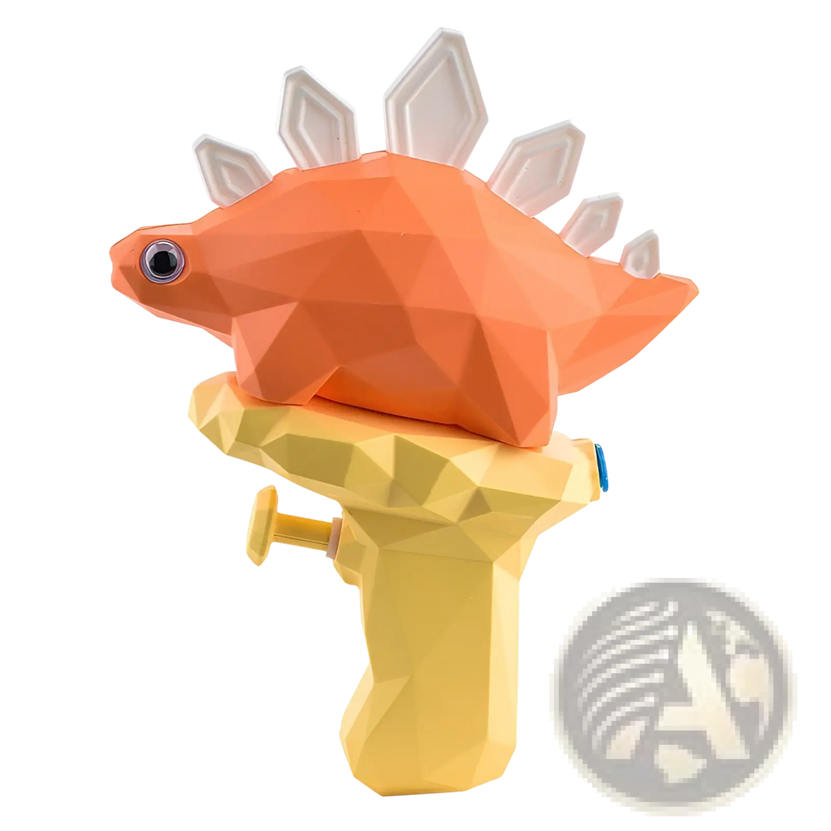 Orange and yellow geometric stegosaurus shaped water gun with white spikes back view dinosaur outdoor toy for kids