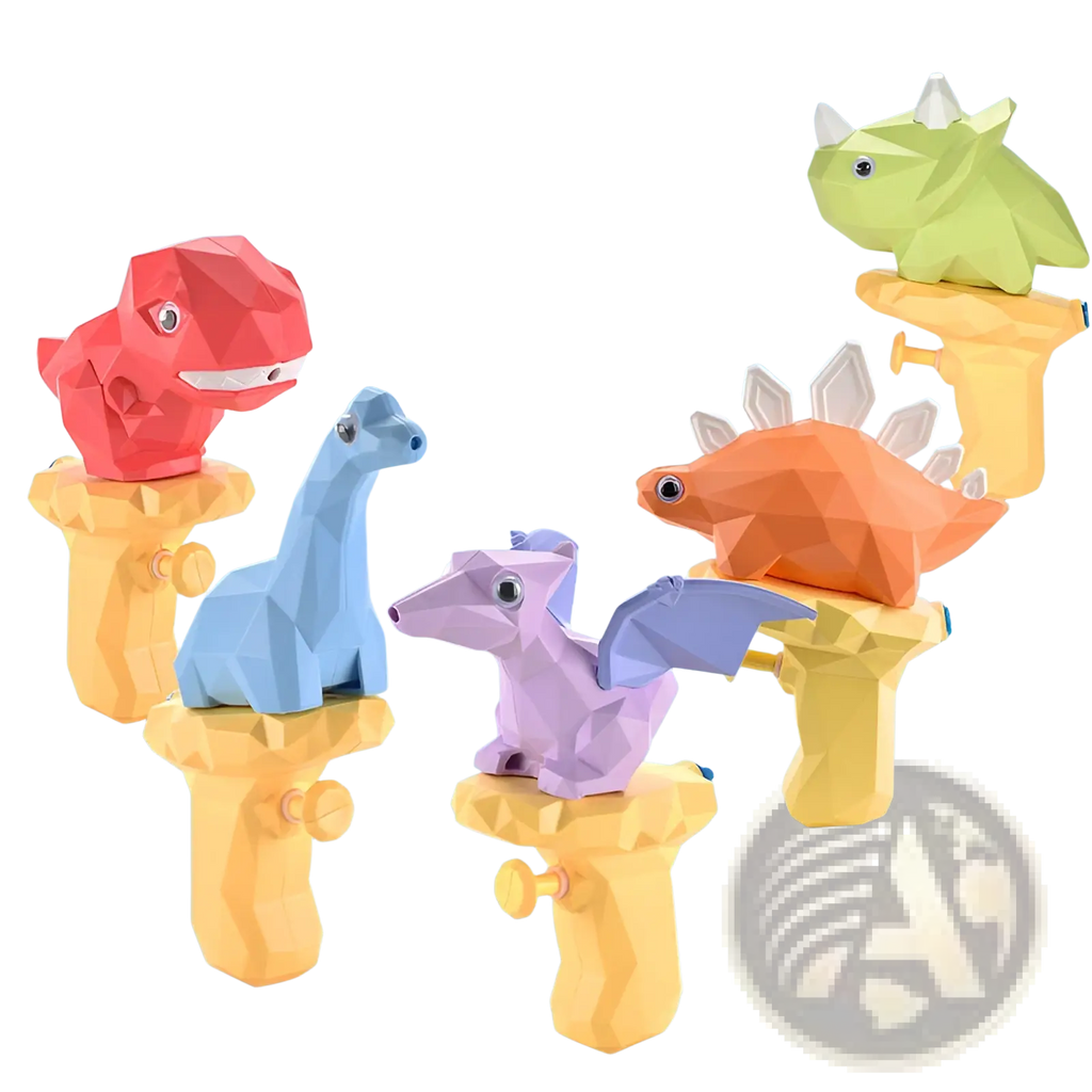 Colorful low poly dinosaur water guns in red blue purple orange and green with yellow handles for kids outdoor play