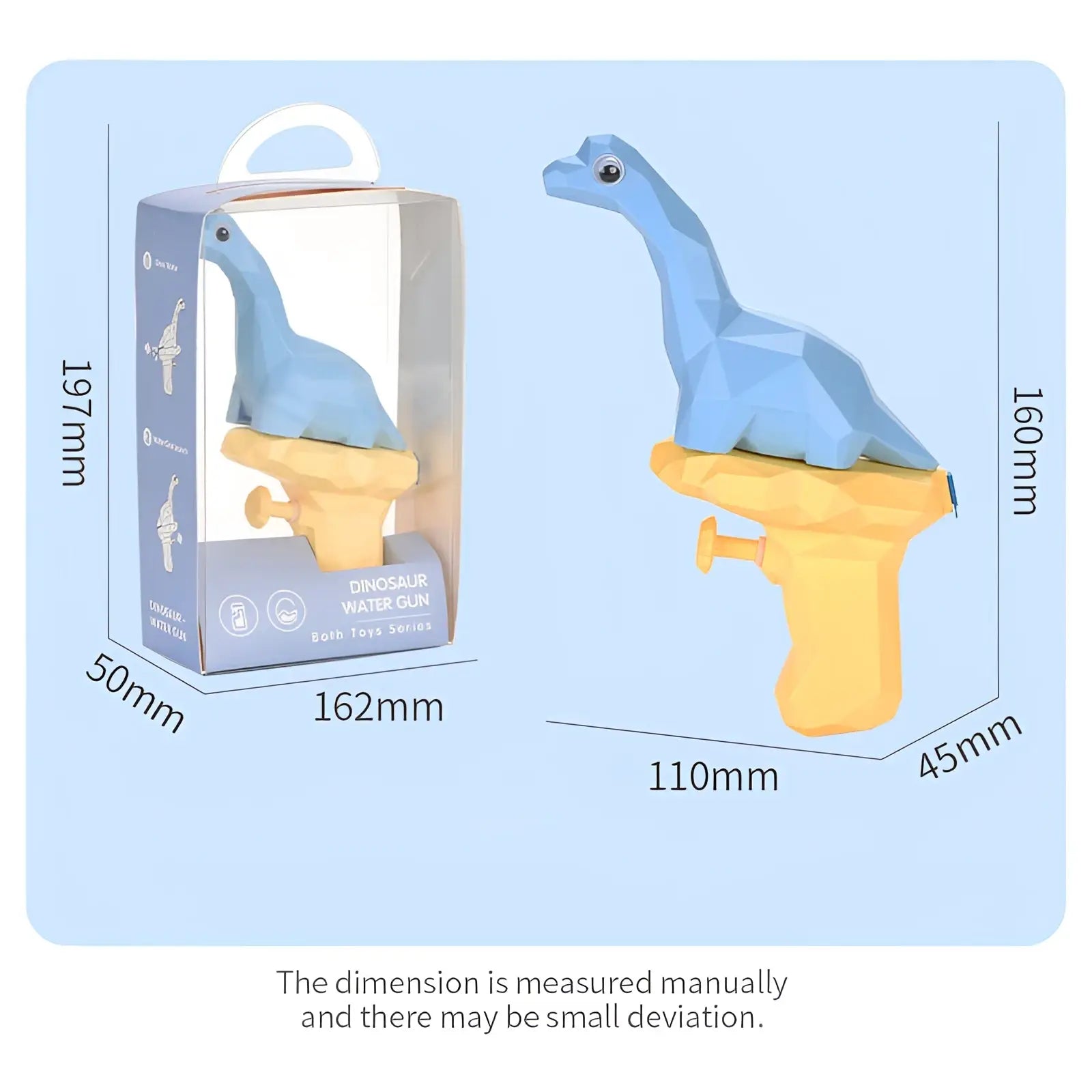 Blue and yellow dinosaur-shaped water gun with geometric low-poly design for outdoor kids play
