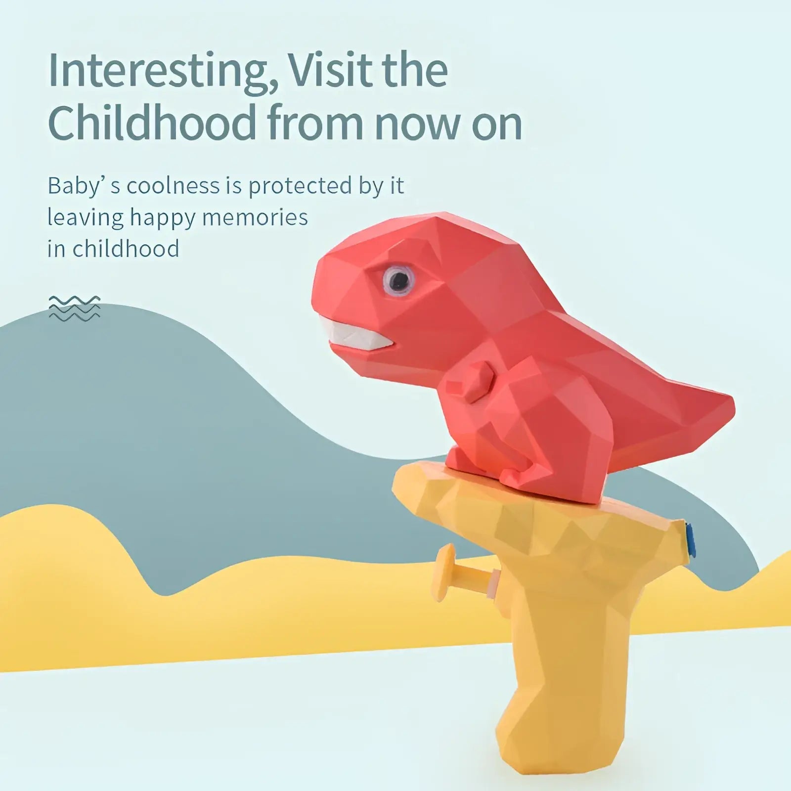 Red low poly dinosaur perched atop a yellow plastic dinosaur water gun mini outdoor toy for kids