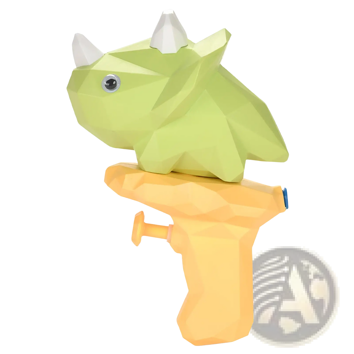 A lime green low poly triceratops water gun with white horns and a silver eye for outdoor play
