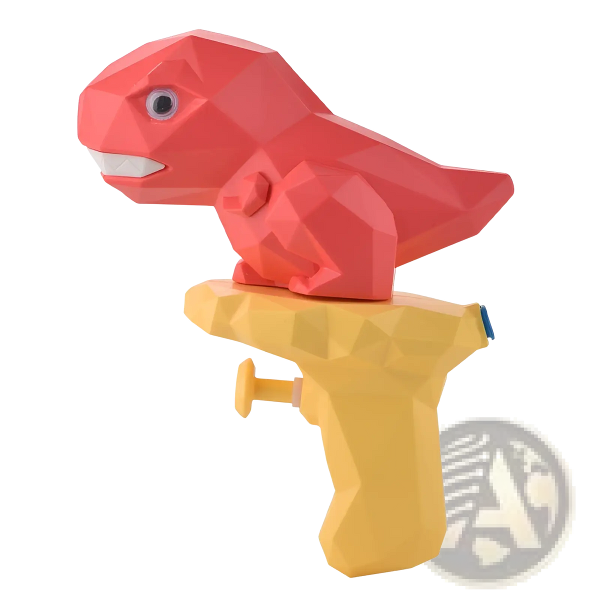 A vibrant red low poly dinosaur water gun with a yellow handle and trigger for kids outdoor play