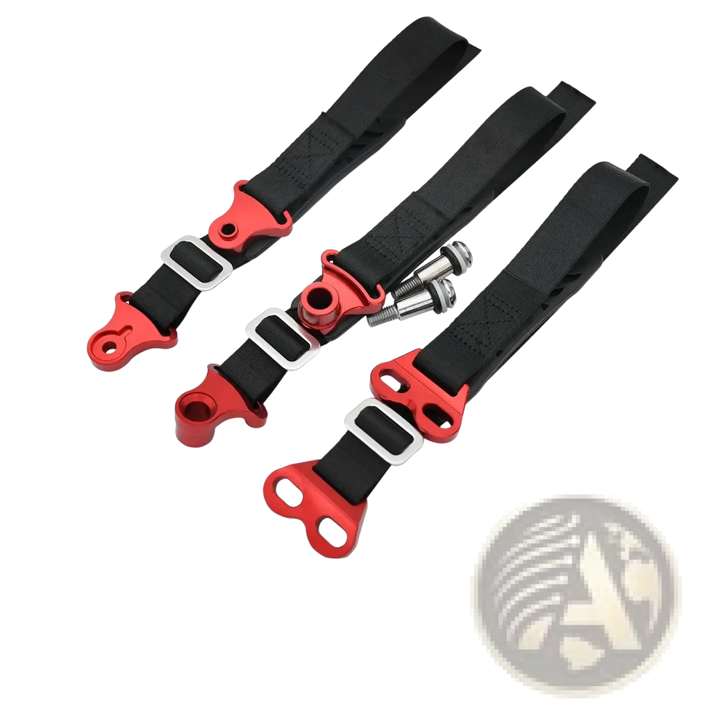 Black webbing dirt bike tow strap kit with red metal hardware and silver buckles for front and rear recovery belts