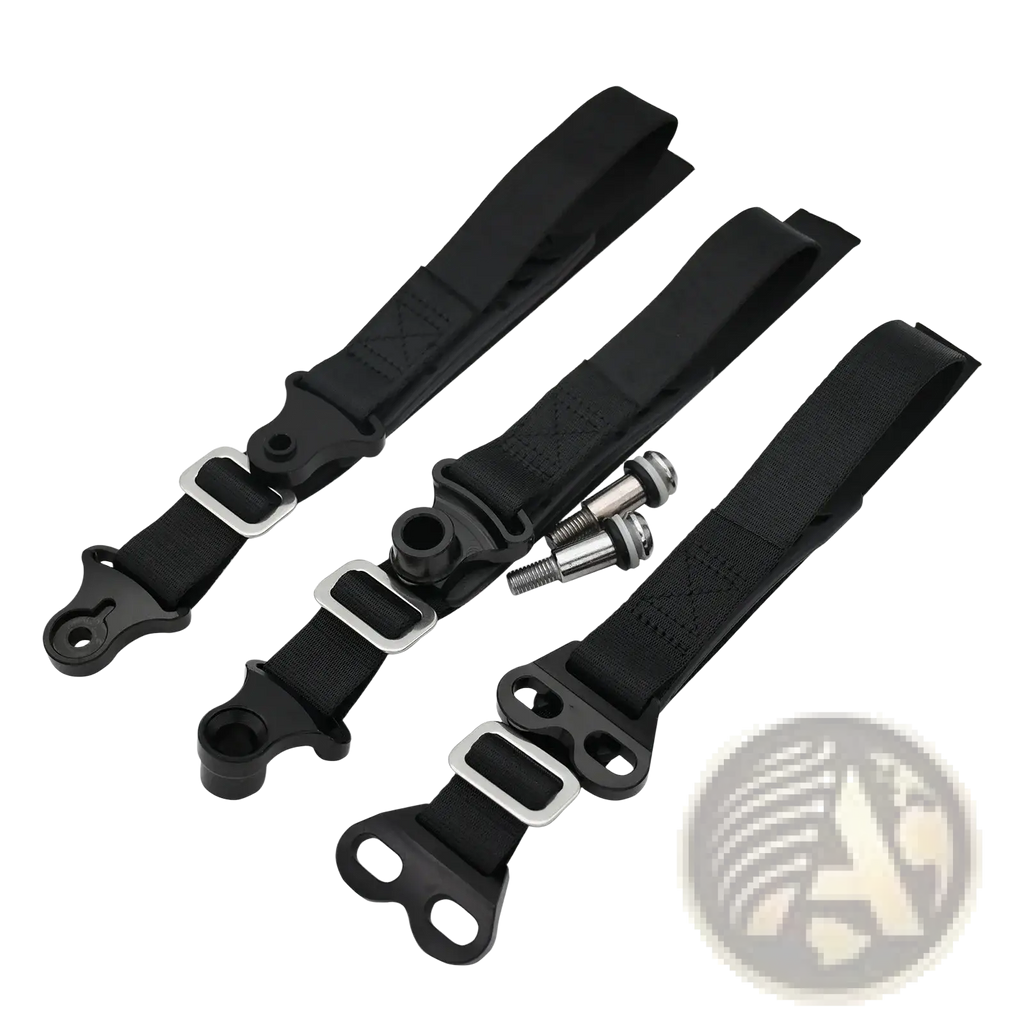 Black nylon dirt bike tow strap kit with silver metal buckles and mounting hardware for front and rear recovery belts