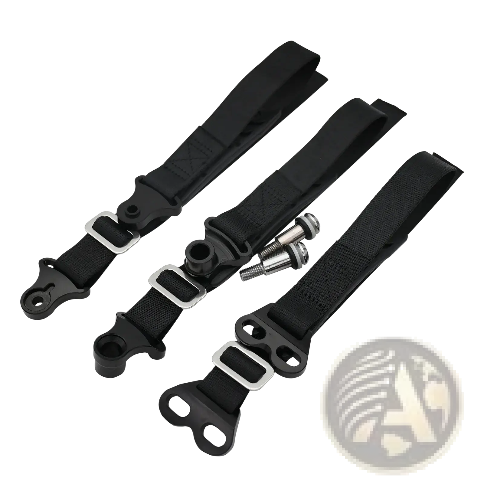 Black nylon dirt bike tow strap kit with silver metal buckles and mounting hardware for front and rear recovery belts