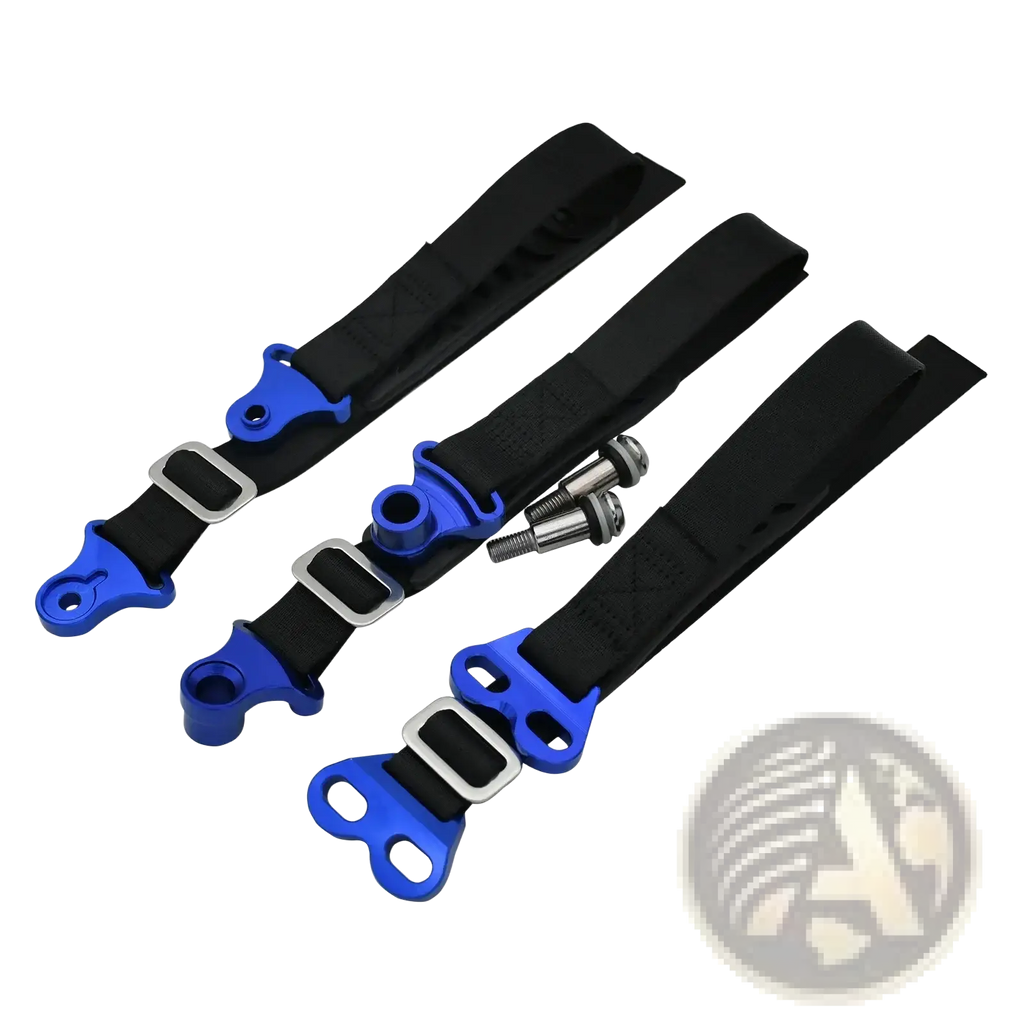 Set of three black nylon dirt bike tow straps with blue aluminum buckles and silver metal recovery hardware