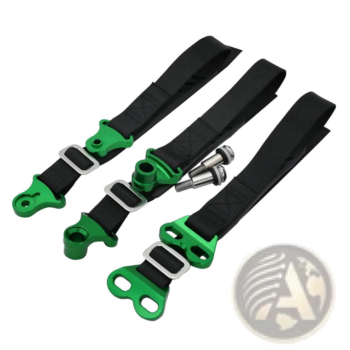 Set of three black webbing dirt bike tow straps with green aluminum hardware and silver buckles for recovery use